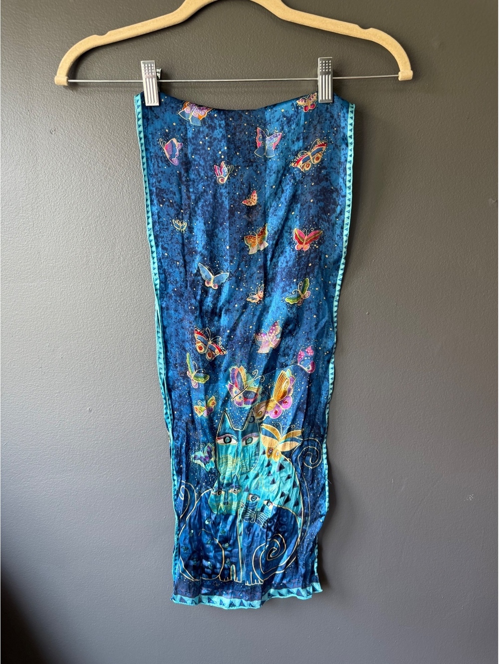 Laurel Burch Indigo Cats and Butterflies Print Scarf with Sequins